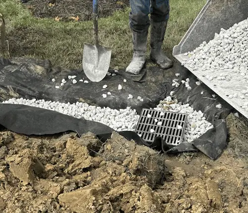 french drain with surface drain being installed