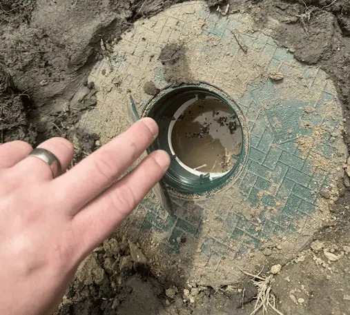 An open pop-up emitter lid showing the outlet and standing water inside the body