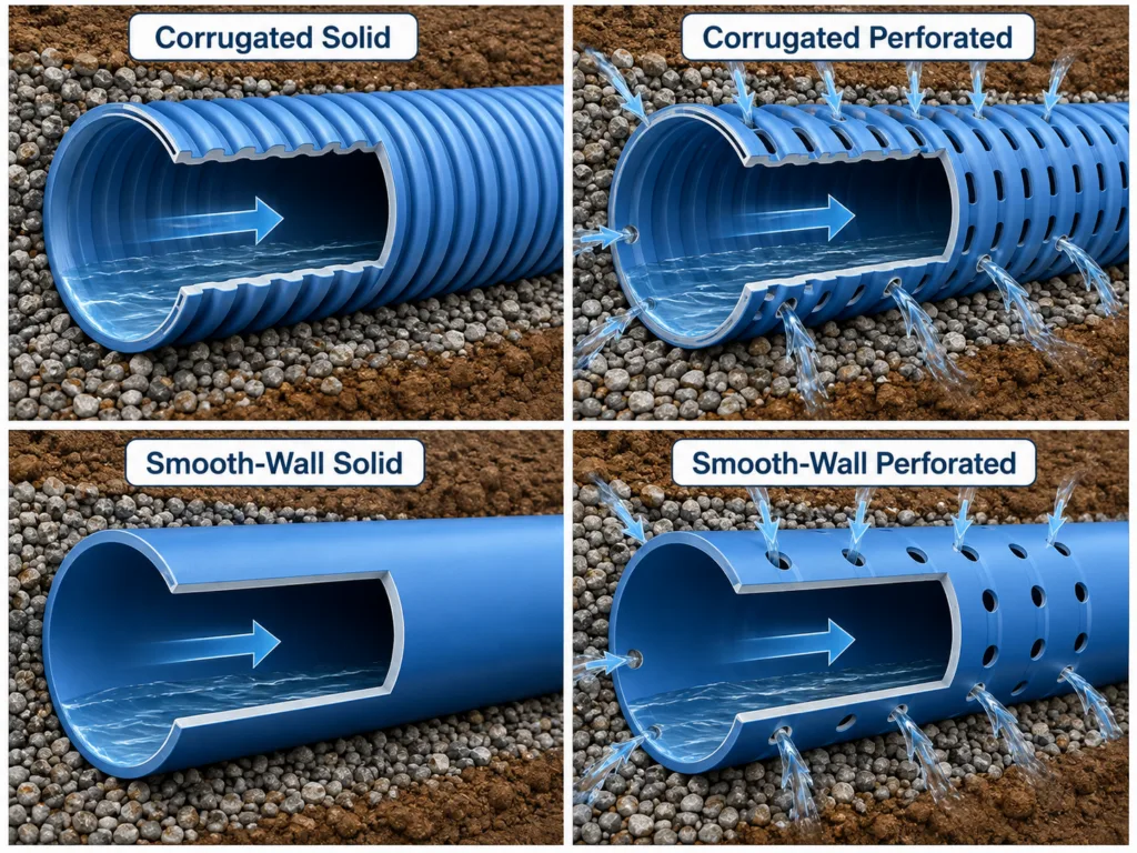 corrugate and perforated pipe types