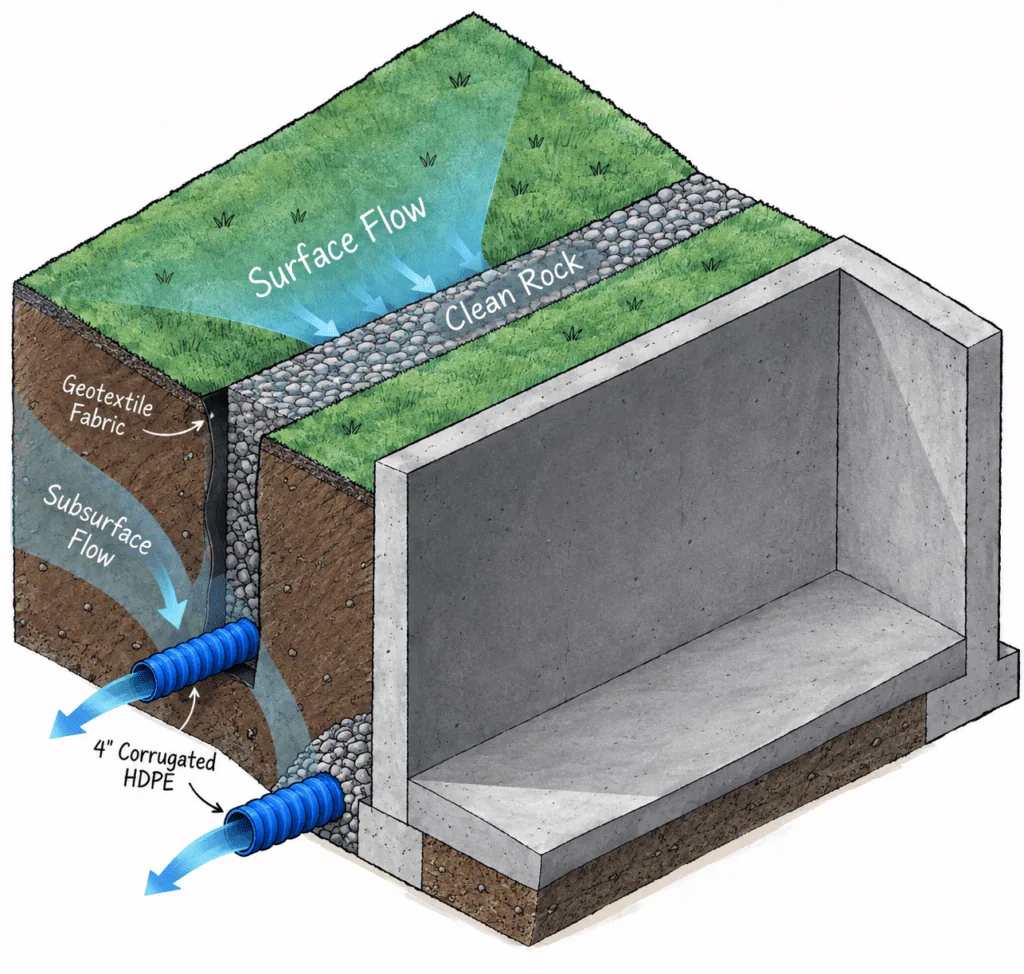 curtain drain isometric cutaway image